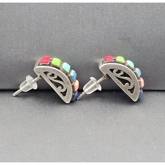 VTG Sterling Silver Multi Gemstone Earrings 5/8"x1/4" Filigree Accents Signed HS - Picture 3 of 9